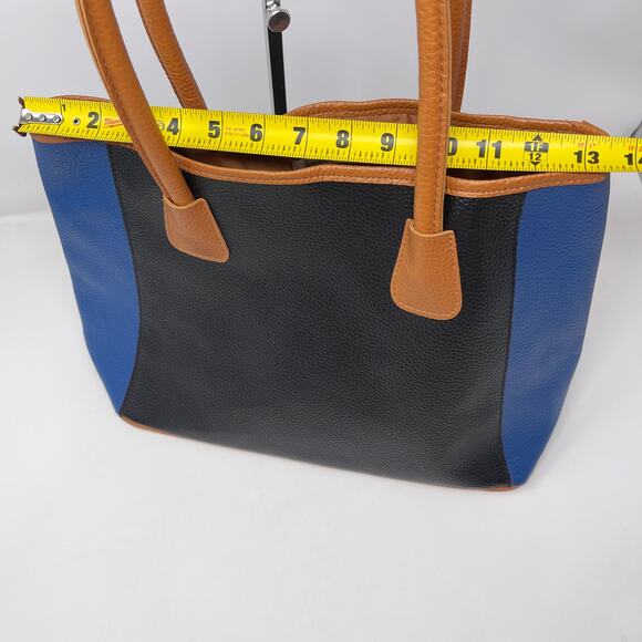 Neiman Marcus Blue Black Tan Faux Leather Colorblock Stripe Tote Bag Purse - Picture 13 of 13